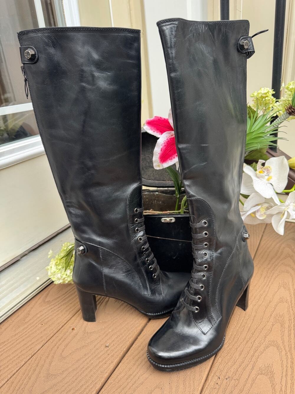 Stuart Weitzman Leather Boots Block Heel Lace Back 7.5M